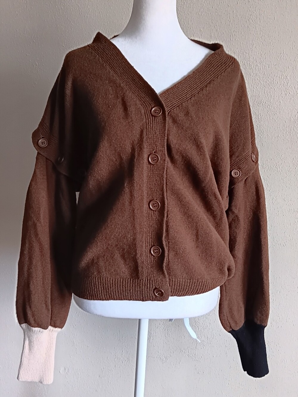 VTG Italian Grunge Wool Brown Removable Sleeve Cardigan Sweater Size Small
